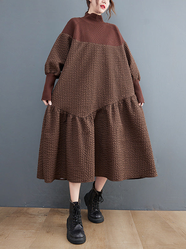 Long Sleeves Loose Split-joint Jacquard High-neck Sweater Dresses
