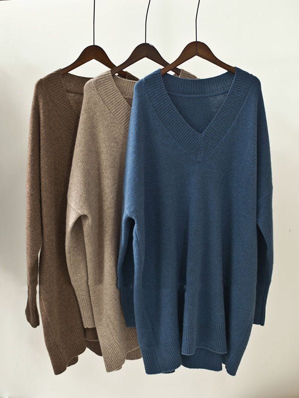 Stylish Loose Camel V-neck Long Sleeve Sweater Dress Qx006