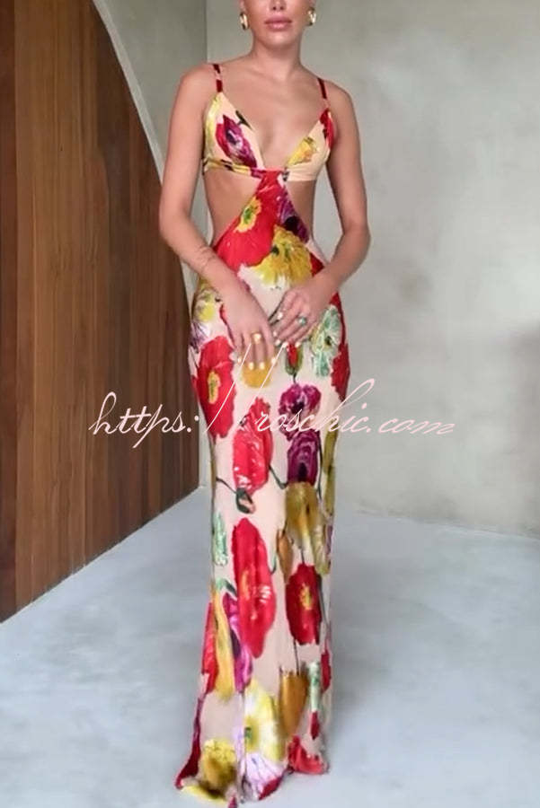 Hawaiian Dreams Satin Print Cutout Backless Maxi Dress