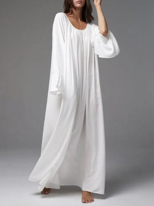 A-line Flared Sleeves Pleated Color Split-joint Round-neck Maxi Dresses