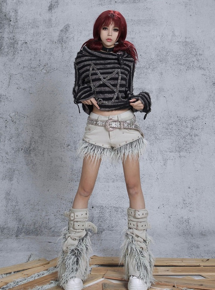 Ariadnaw Feather-trim Denim Shorts - Off-white ()
