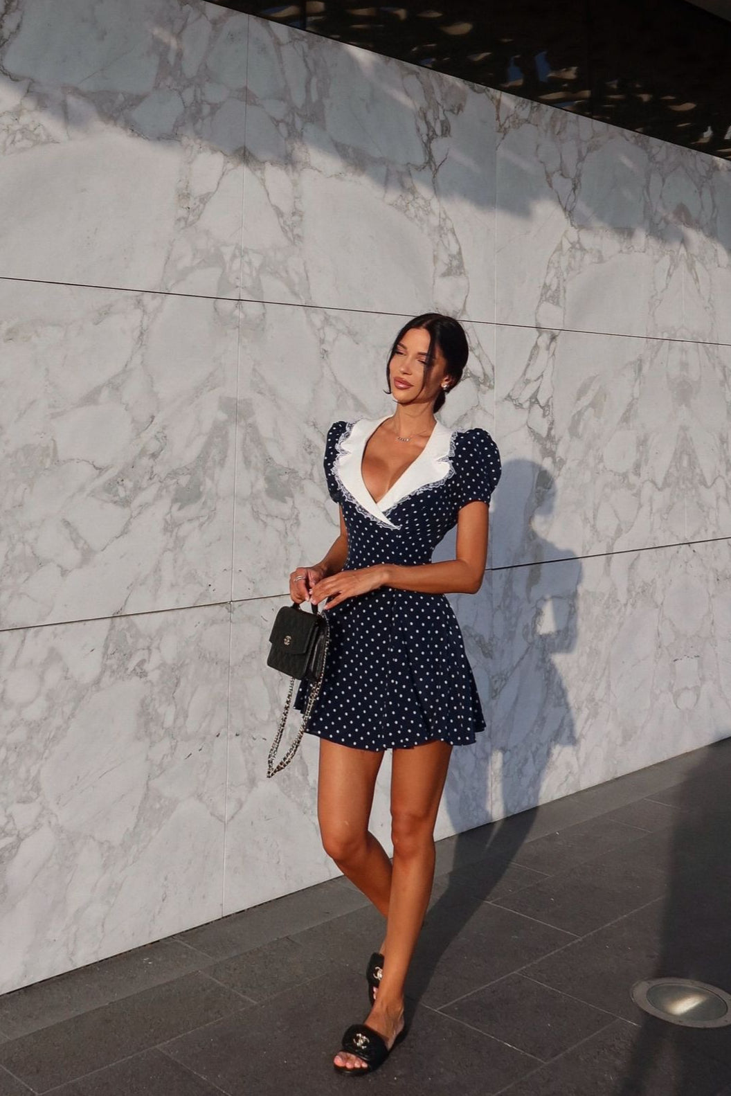 Lace Trim Polka Dot V-neck Fitted Mini Dress