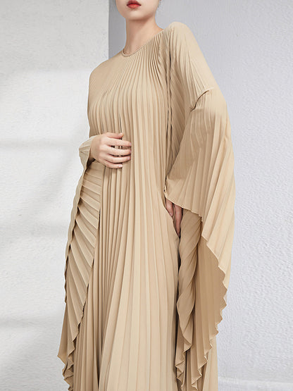 Batwing Sleeves Loose Pleated Color Maxi Dresses