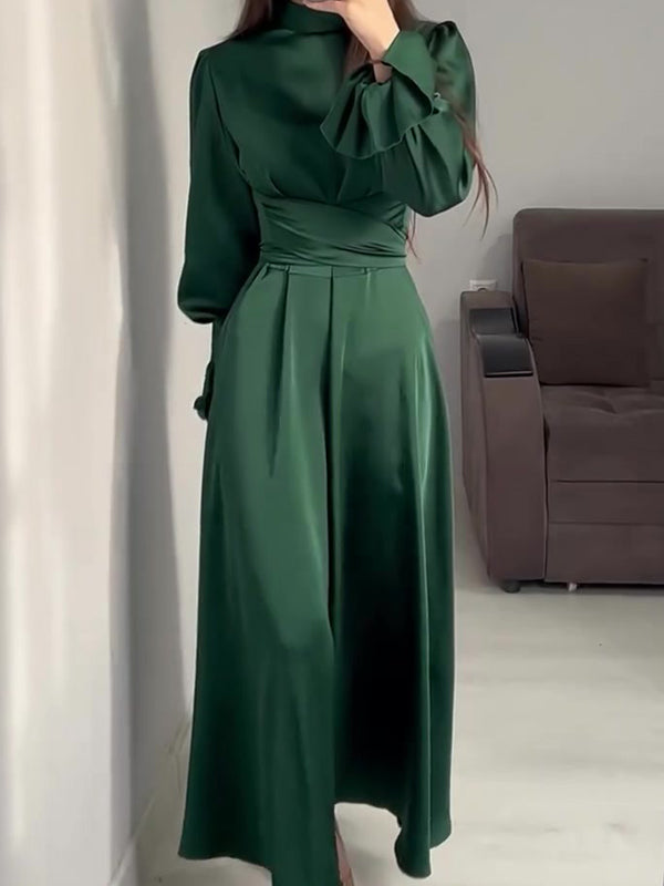 A-line Long Sleeves Pleated Color Tied Waist Zipper Mock Neck Maxi Dresses