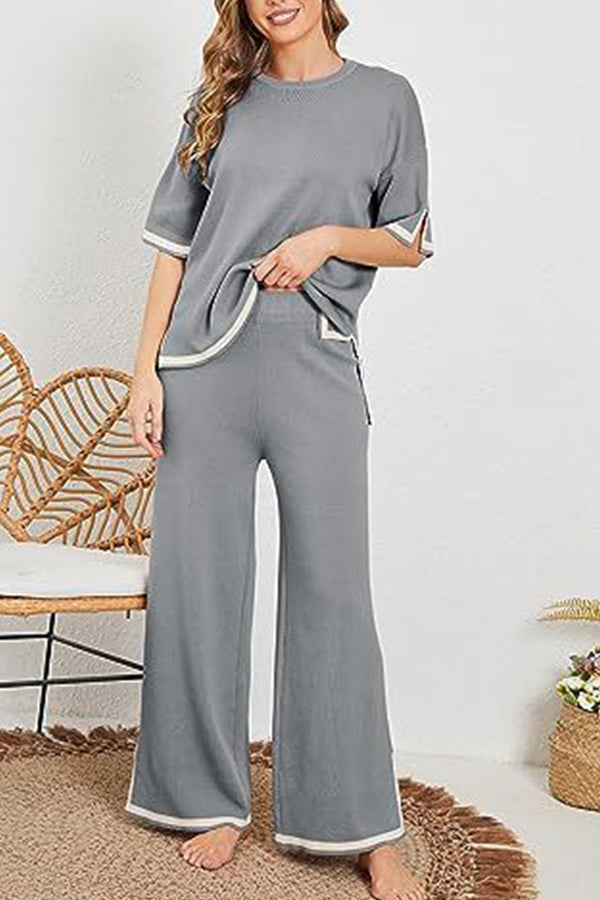 Lounge or Wear Knit Patchwork Color Block Short Sleeve Top and Elastic Wide Leg Pants