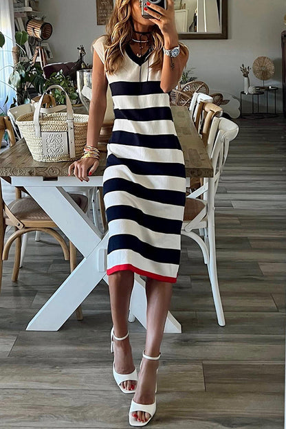 Cutest in the Room Striped V-neck Loose Slit Midi Dress