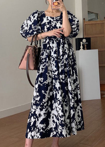 Black Square Collar Print Cotton Long Dress Summer Qp005