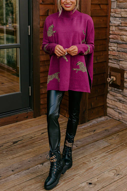 High Neck Side Slit Cheetah Pattern Sweater