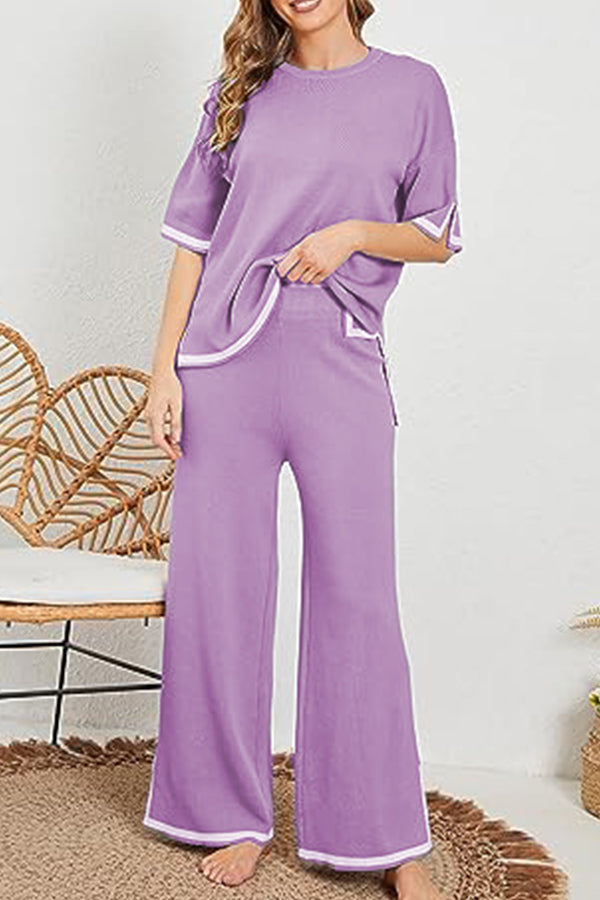 Lounge or Wear Knit Patchwork Color Block Short Sleeve Top and Elastic Wide Leg Pants