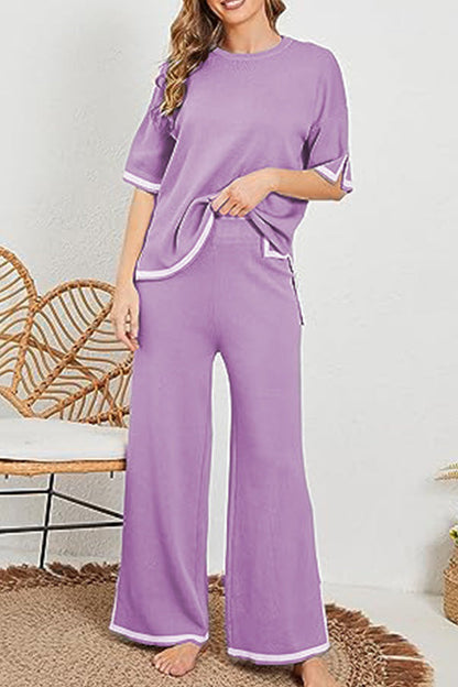 Lounge or Wear Knit Patchwork Color Block Short Sleeve Top and Elastic Wide Leg Pants
