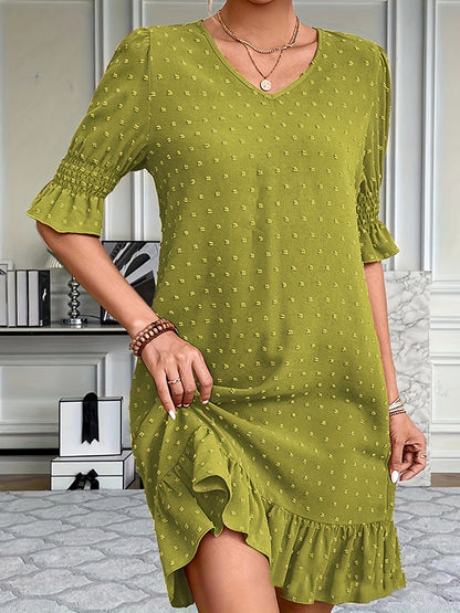 A-line Flared Sleeves Elasticity Jacquard Pleated Color Split-joint V-neck Mini Dresses
