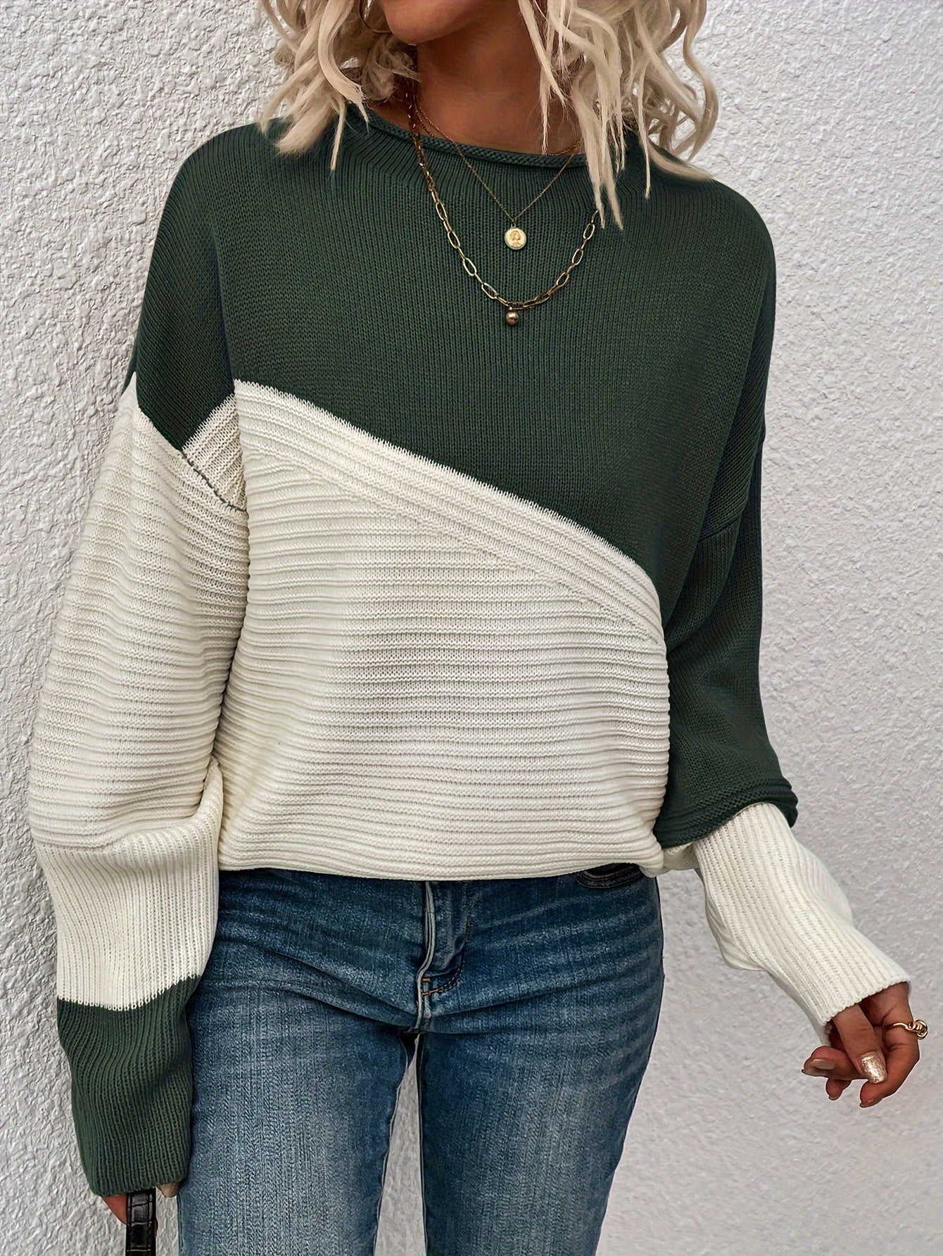 Color Block Loose Pullover Sweater Rj9313