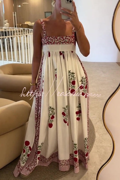 Botanical Print High Waisted Wide Hem Suspender Maxi Dress