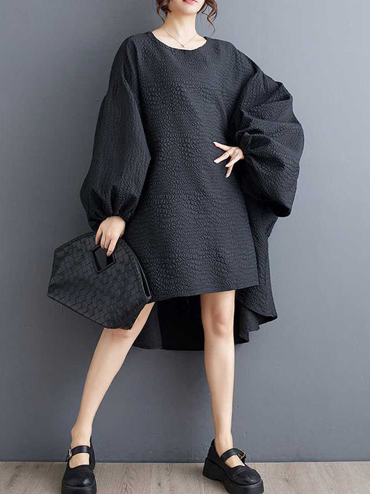 High-low Long Sleeves Elasticity Color Split-joint Round-neck Midi Dresses
