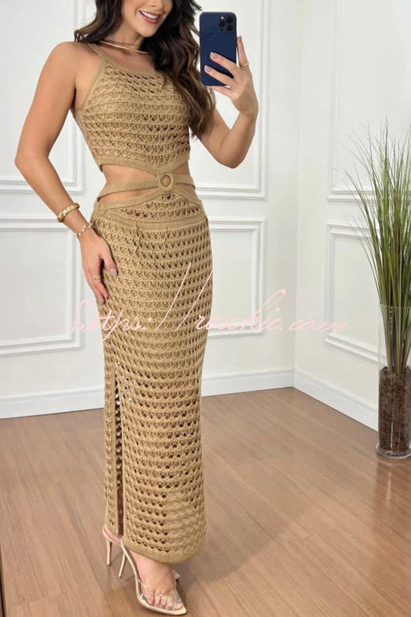 Gaze Knit Texture Ring Side Waist Cutout Stretch Maxi Dress