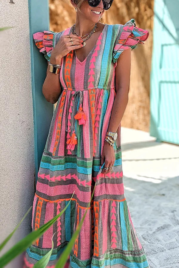 Sunlit Magic Linen Blend Print Ruffle Sleeve Tassel Maxi Dress