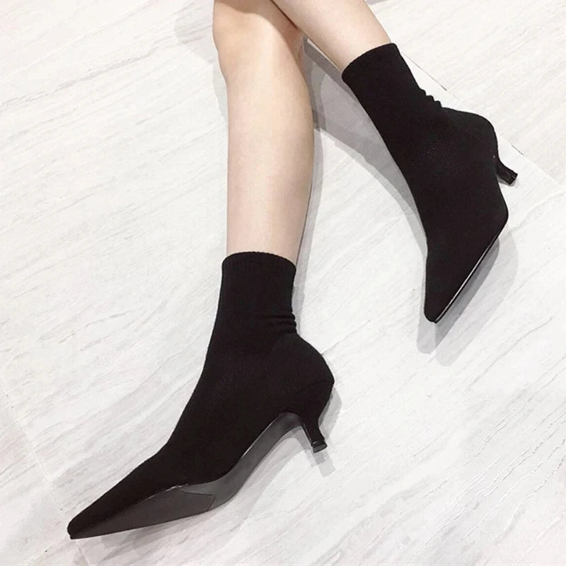 Autumn Winter Cozy Low Thin Heels Knitting Stretch Fabric Ankle Sock Boots Pointed Toe Shoes Botas Mujer