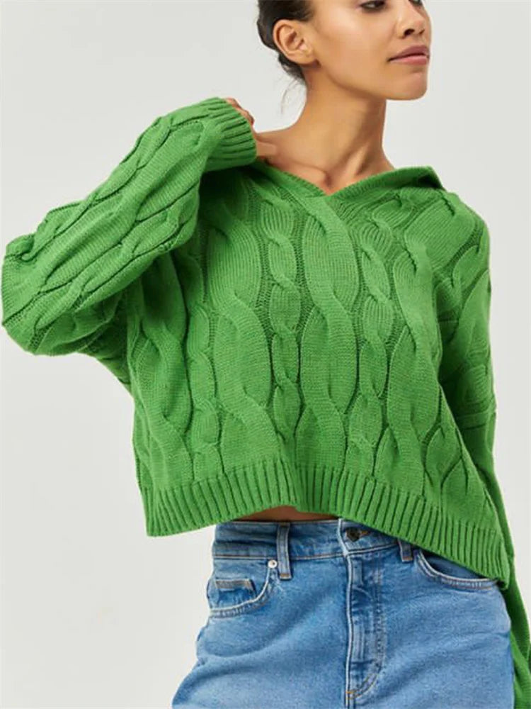 Loose Lapel Patchwork Sweater Pullover Female Long Sleeve High Waist Y2k Top Knitwear Baggy Autumn Oversized Sweater