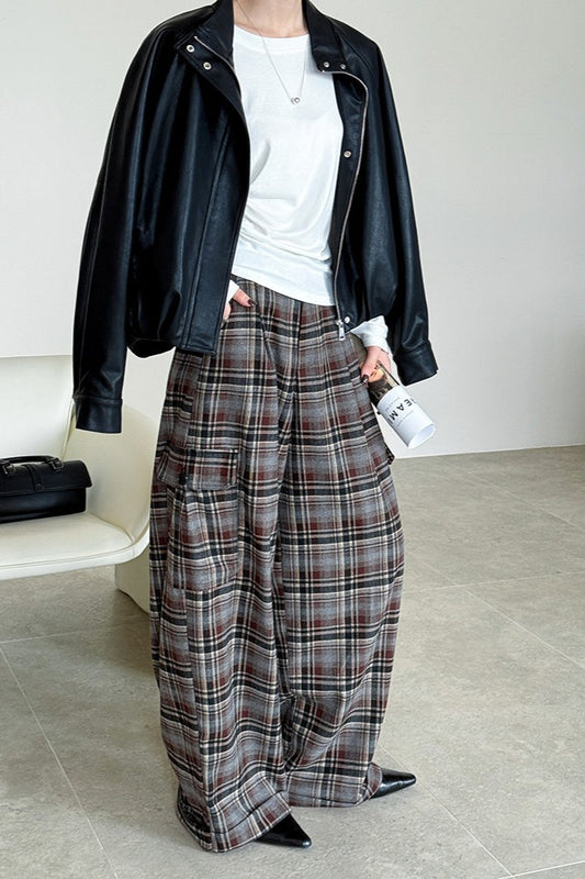 Retro Colorblock Plaid Straight Pants