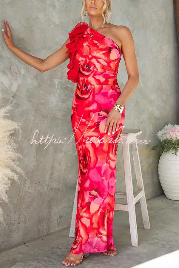 Print Sleeveless 3d Flower One Shoulder Slim Maxi Dress