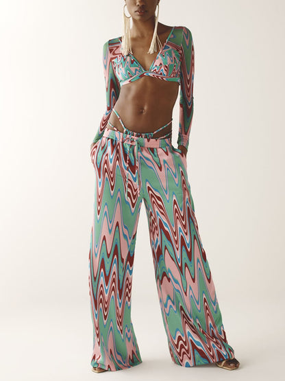 V-neck Colorblock Printed Swimsuit and Pants