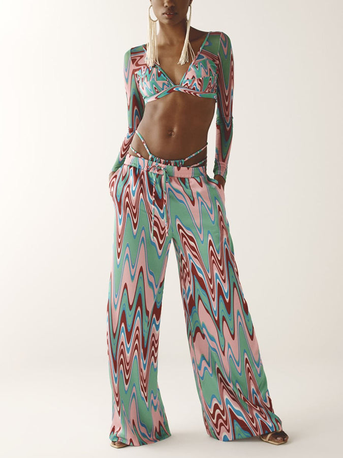 V-neck Colorblock Printed Swimsuit and Pants