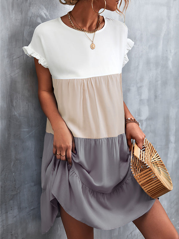Loose Ruffle Sleeves Contrast Color Falbala Pleated Split-joint Round-neck Mini Dresses