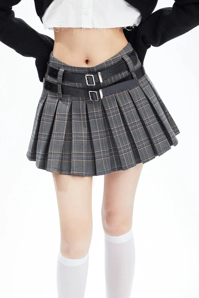 Plaid Double-belt Pleated Skirt