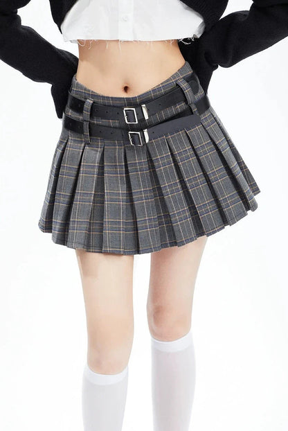 Plaid Double-belt Pleated Skirt