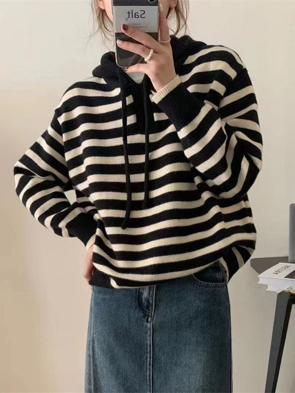 Black Hooded Drawstring V-neck Contrast Color Striped Long Sleeve Sweater Qx019