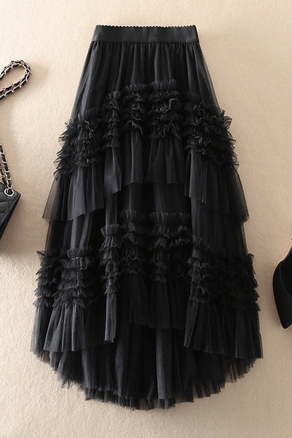 Mood Tulle Pleated Ruffle Elastic Waist Tiered Midi Skirt