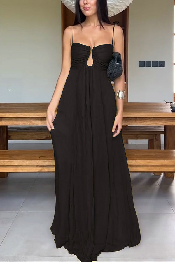 Soft and Metal Hollow Design Back Smocked A-line Slip Maxi Dress