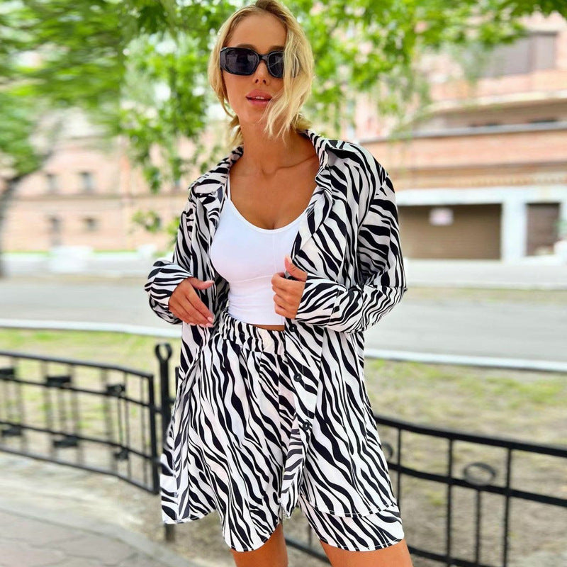 Leopard-print Shirt Loose Shorts Suit
