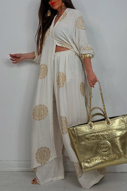 Unique Printed V-neck Long Sleeve Long Shirt and Elastic Waist Pocket Wide Leg Pants Set