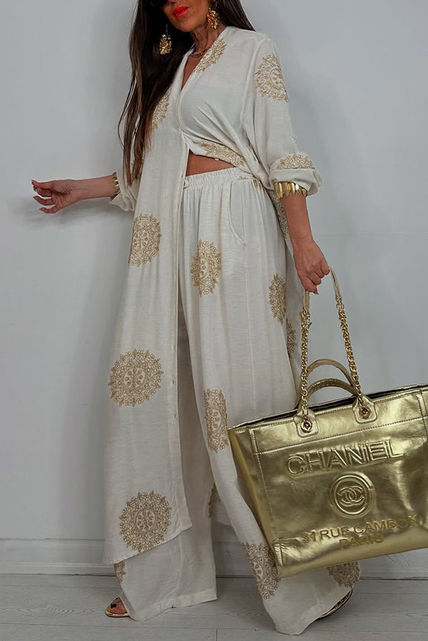 Unique Printed V-neck Long Sleeve Long Shirt and Elastic Waist Pocket Wide Leg Pants Set