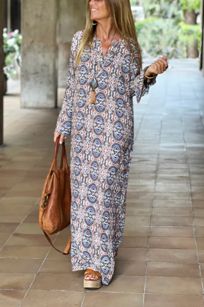 Slit Printed Loose V-neck Long Dress