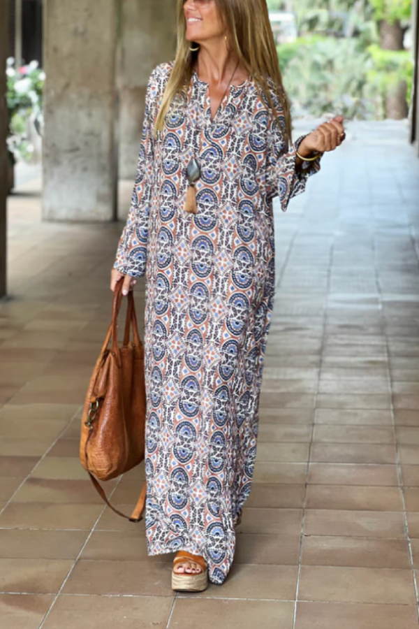 Slit Printed Loose V-neck Long Dress