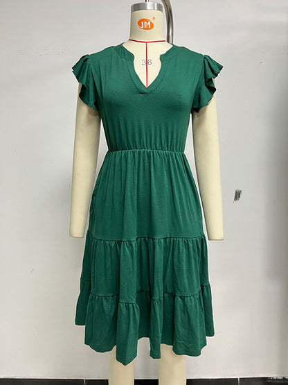 Loose Ruffle Sleeves Pleated Pockets Color Split-joint V-neck Midi Dresses