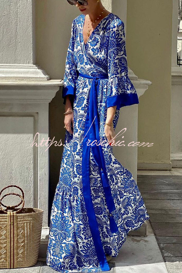 Greek Island Satin Unique Print Tassel Belted Wrap Maxi Dress