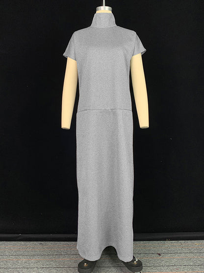 Loose Short Sleeves Color Split-joint High Neck Maxi Dresses