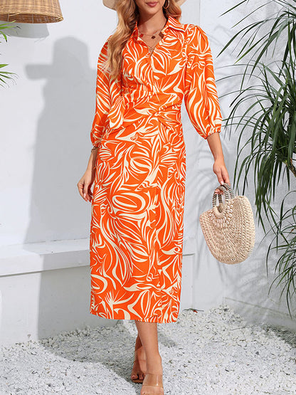 A-line High Waisted Elasticity Printed Tied Waist Lapel Midi Dresses Shirt Dress