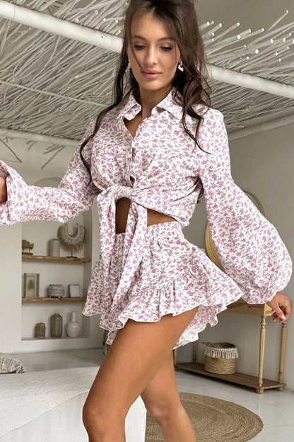 Long Sleeve Lapel Ruffle Shorts Two Piece Set