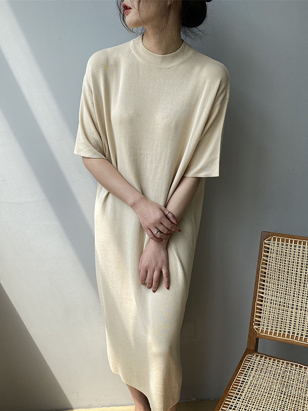 Temperament Round-neck Mauve Split-joint Short Sleeve Sweater Dress An1057