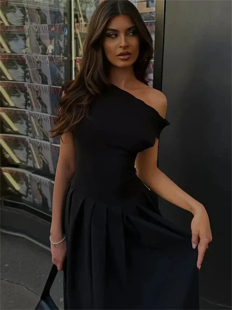 Black Off-shoulder Autumn Long Dress for High Waist Patchwork Slim One-shoulder Party Dress Female Maxi Dress