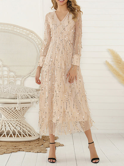 Long Sleeves Loose Gauze Pockets See-through Sequined Split-joint V-neck Evening Dresses Midi Dresses