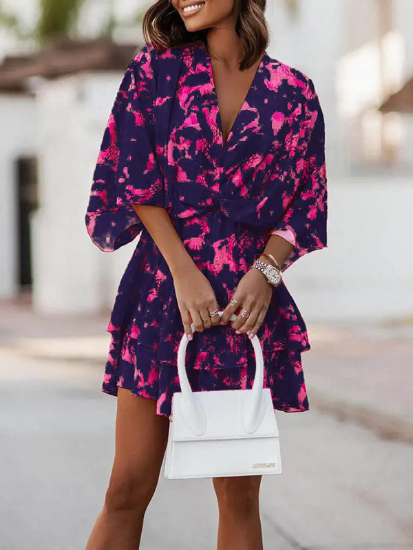Loose Double Layered Pleated Printed Split-joint V-neck Mini Dresses
