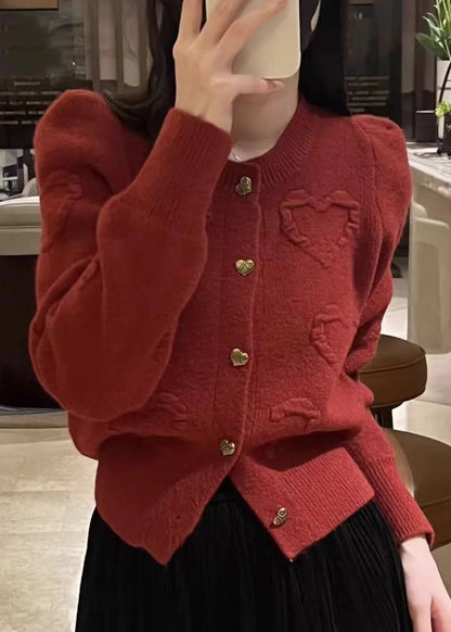 Red O Neck Button Knit Cardigan Fall Qx024