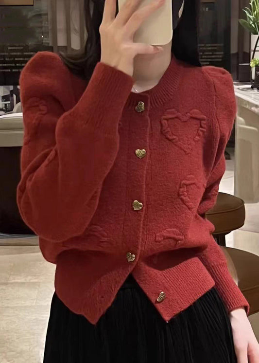 Red O Neck Button Knit Cardigan Fall Qx024