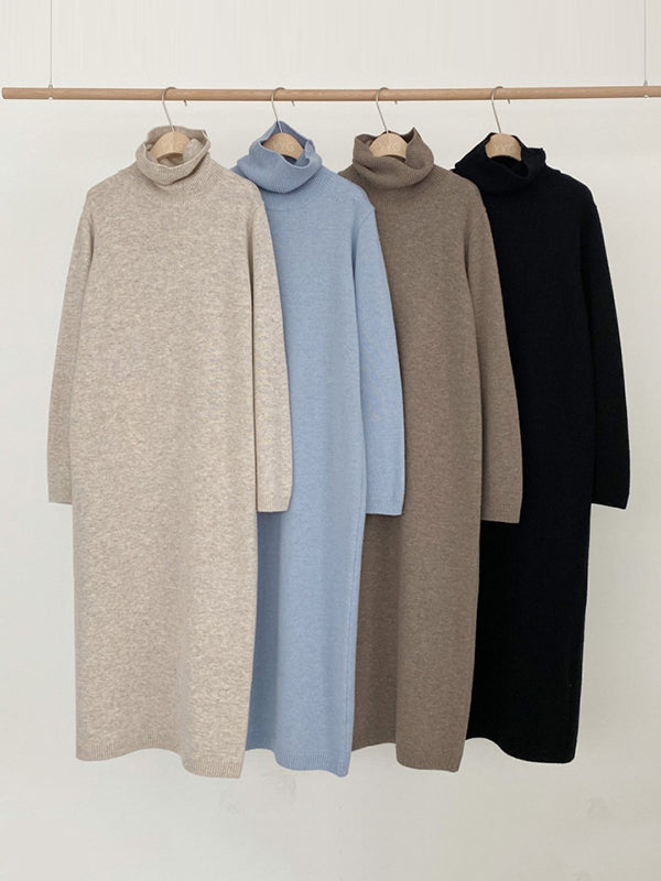 Khaki High-neck Long Sleeve Sweater Dress An1061