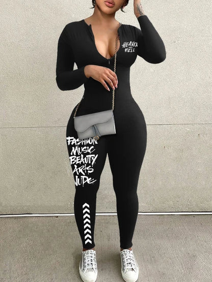 Spring Summer V-neck Long Sleeve Zipper Skinny Sportswear Jumpsuit